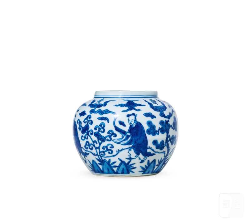 明万历 青花仙人祝寿图小罐